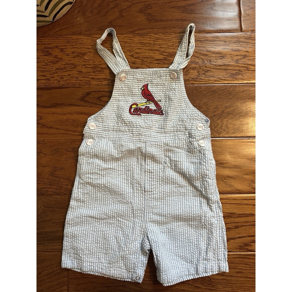 MLB St Louis Cardinals Toddler 4T Seersucker Shortalls Overalls Blue Stripe
